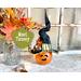 This image shows a Halloween witch decoration. It is made from a real dried gourd. Her name is Tansey and has a black and green witch hat. 